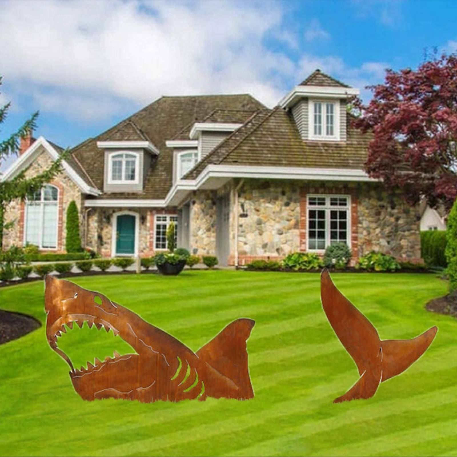 Iron DIY Shark Statue Outdoor Backyard Garden Stake Yard Ornaments Décor