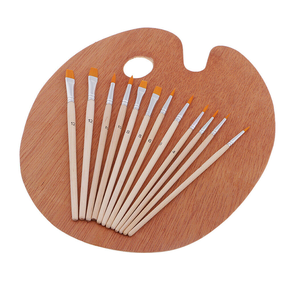 Wood paint tray palette and 12 nylon hair artist brushes art painting