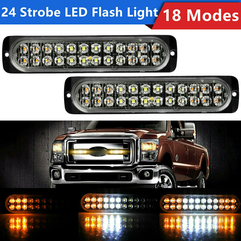 2x 24 LED Yellow/White Truck Emergency Beacon Warning Hazard Flash Strobe Lights
