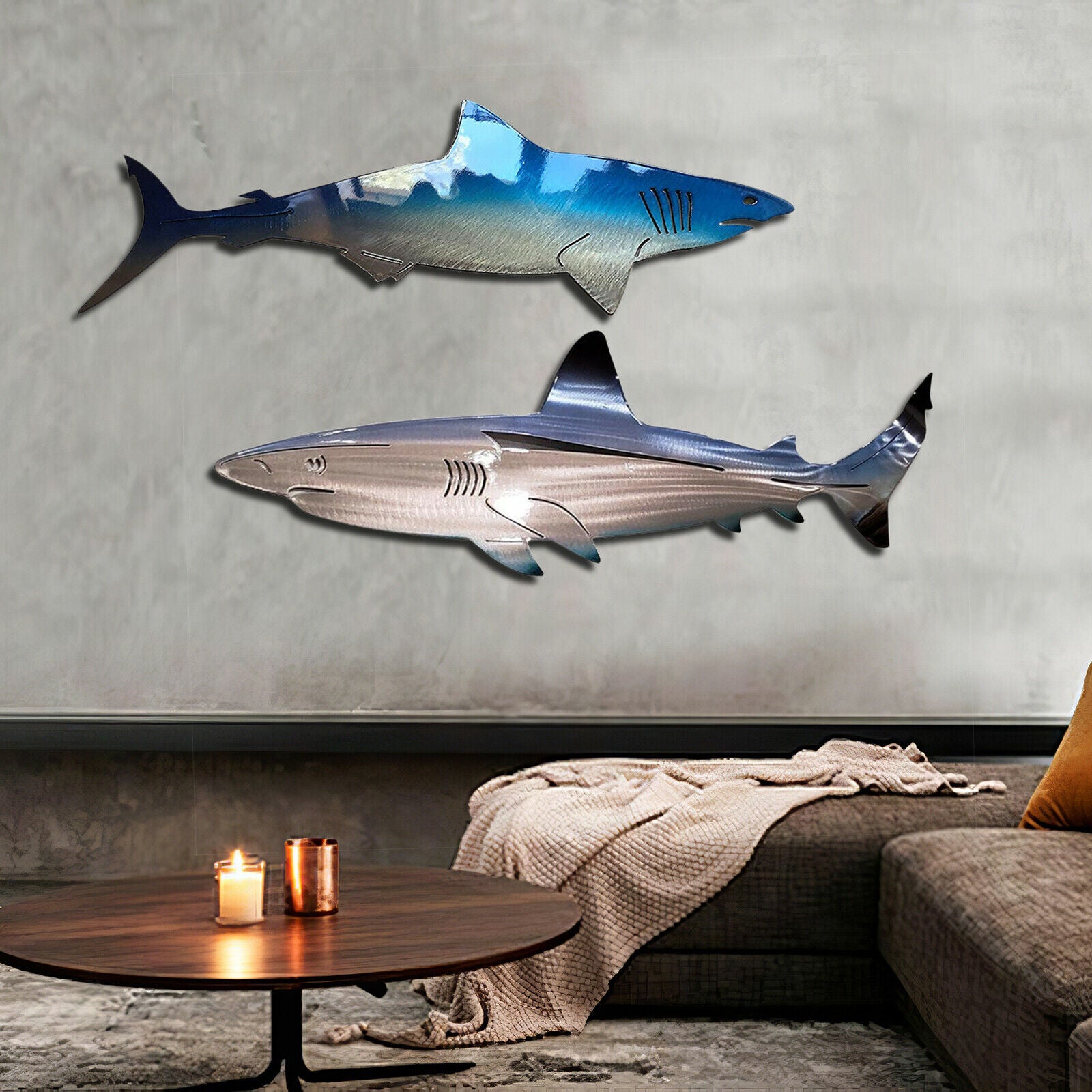 2Pcs Metal Shark Wall Decor Outdoor Art Ocean Fish Hanging Sculpture Fence