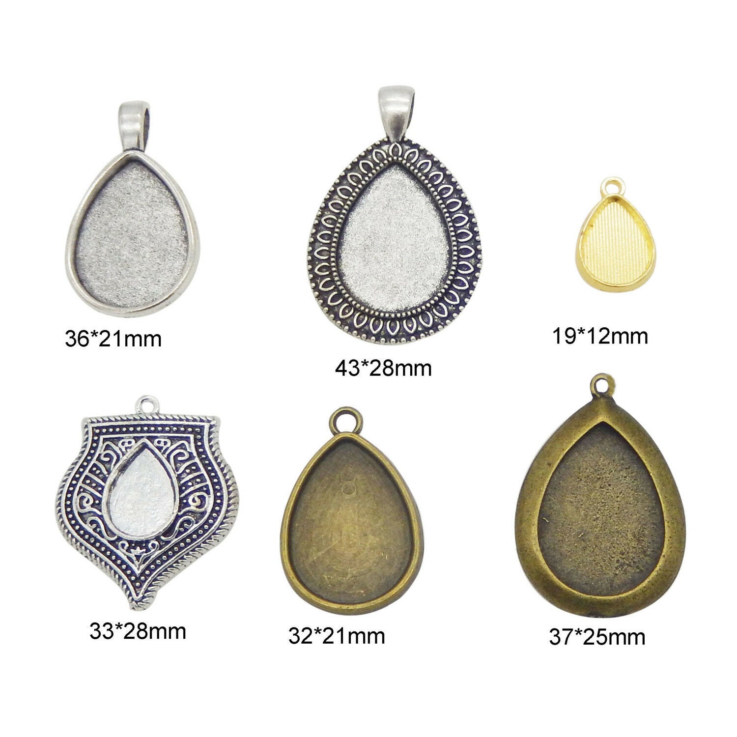 10 pcs Mix Lot Blank Bezel Base Setting Teardrop Pendant Charm Alloy For Jewelry