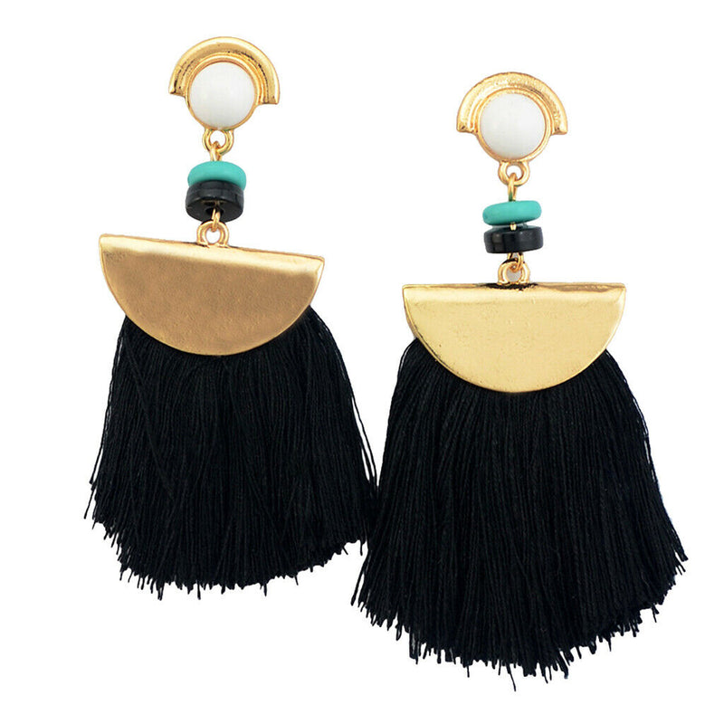 Behomian Ethnic Women Long Tassel Thread Fringe Dangle Studs Earrings  Black