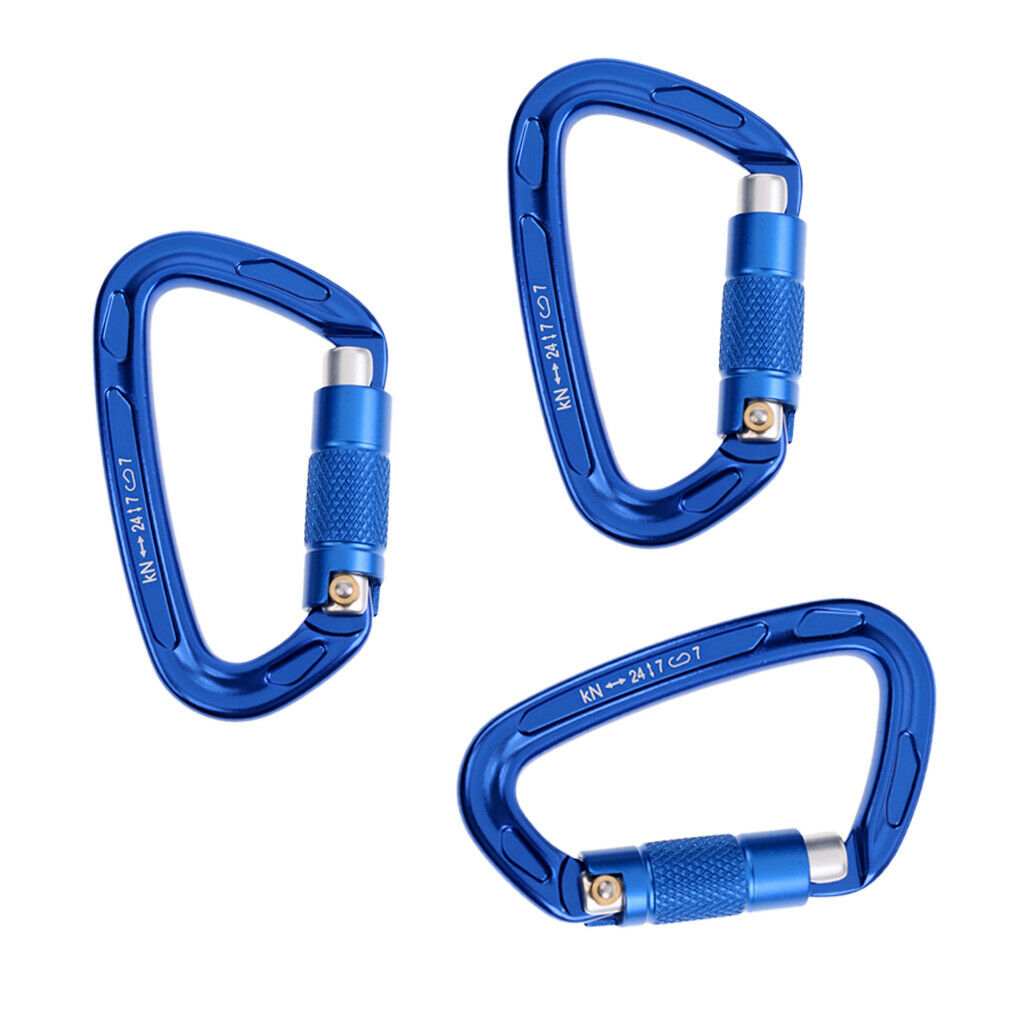 3 Pieces 24KN Aluminum Rock Climbing Auto Self Locking Carabiner blue