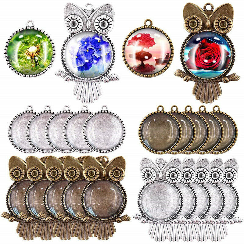 48pcs/set Owl Pendant Trays with Glass Cabochon Base DIY Jewelry Making N.ng LS