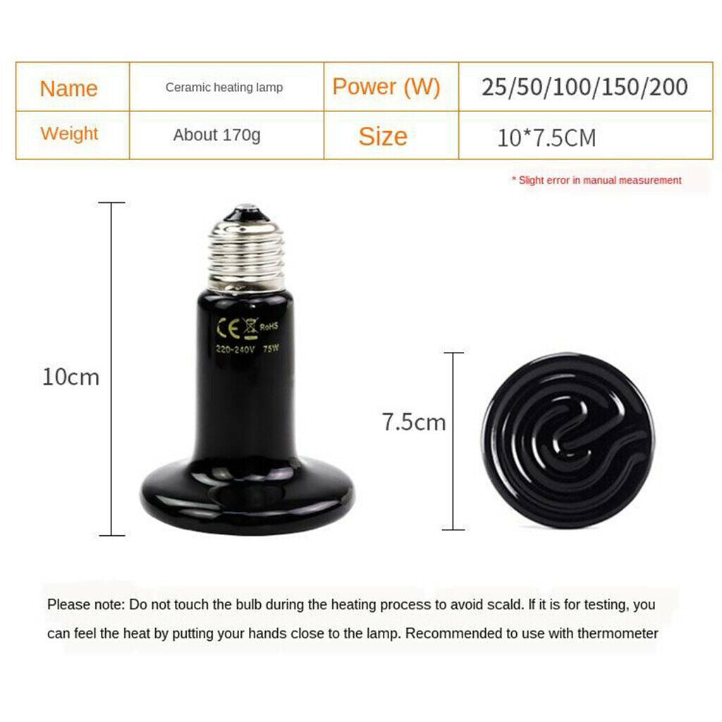 Reptile Heating Lamp 220V Ceramic Reptile Heater Blub Fixture 25W 100W 150W