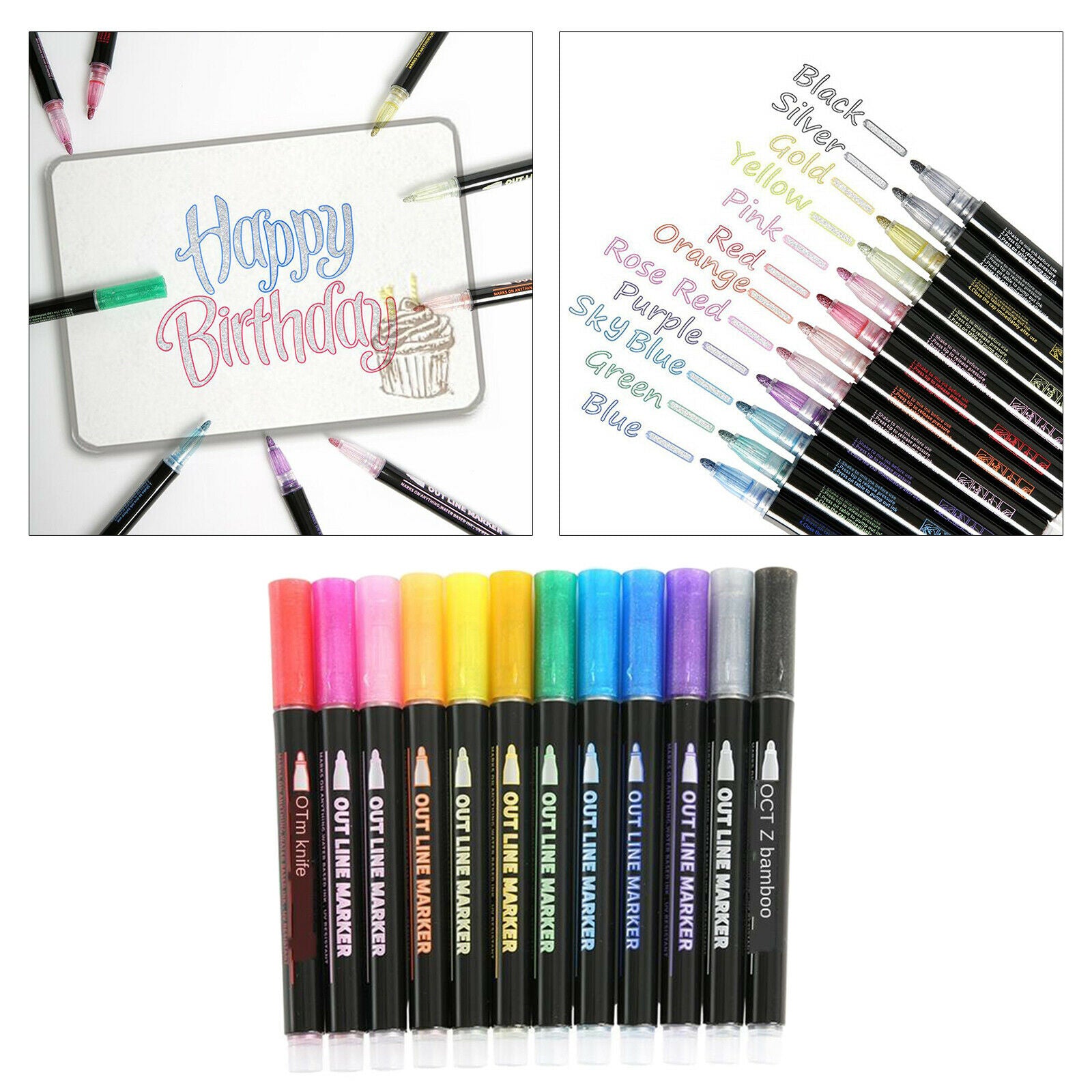 Outline Metallic Marker Pens 12 Colors Double Line Painting Permanent Marker Pen