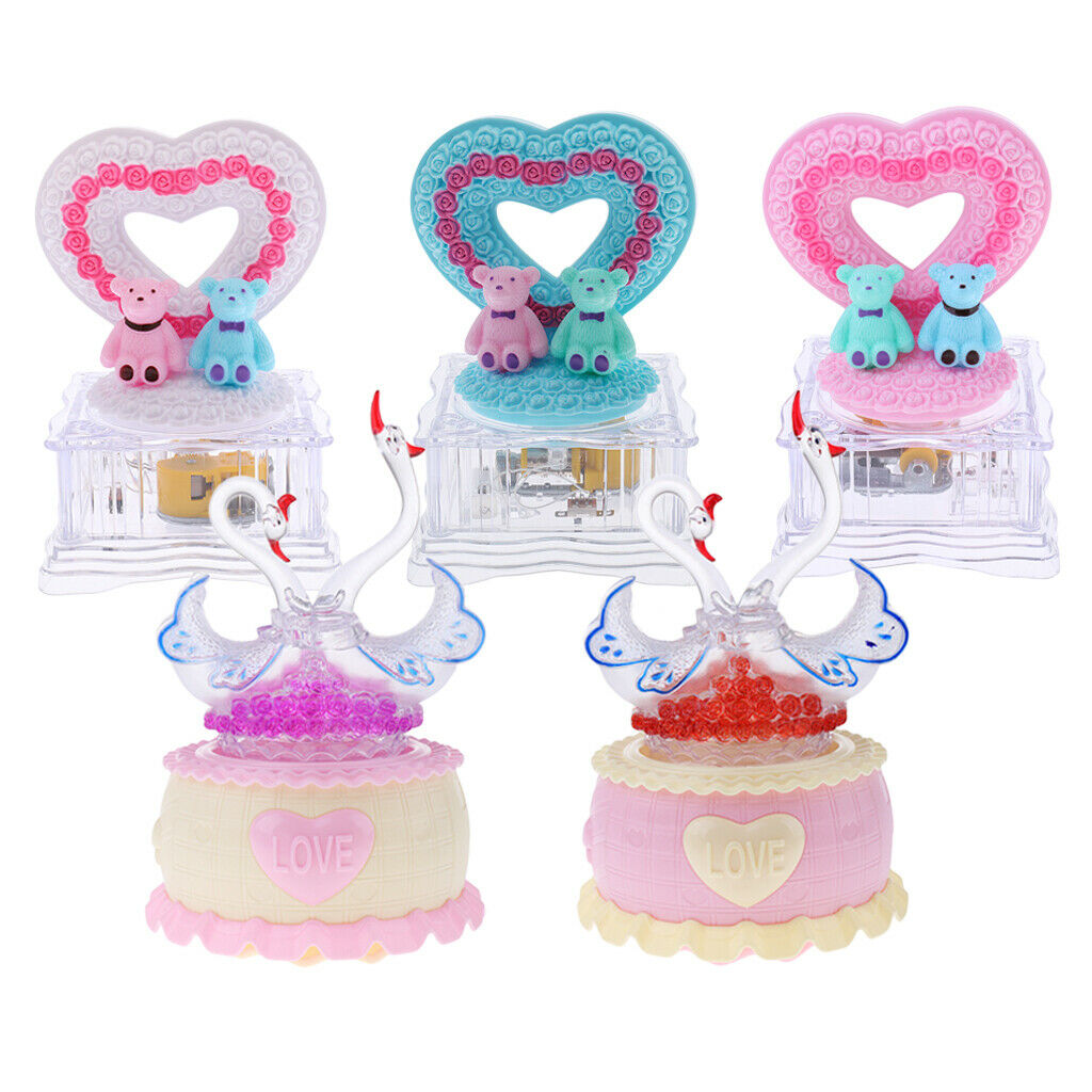 Collect Couple Bear Music Box Rotating LED Lighting Wind Up White Heart Gift