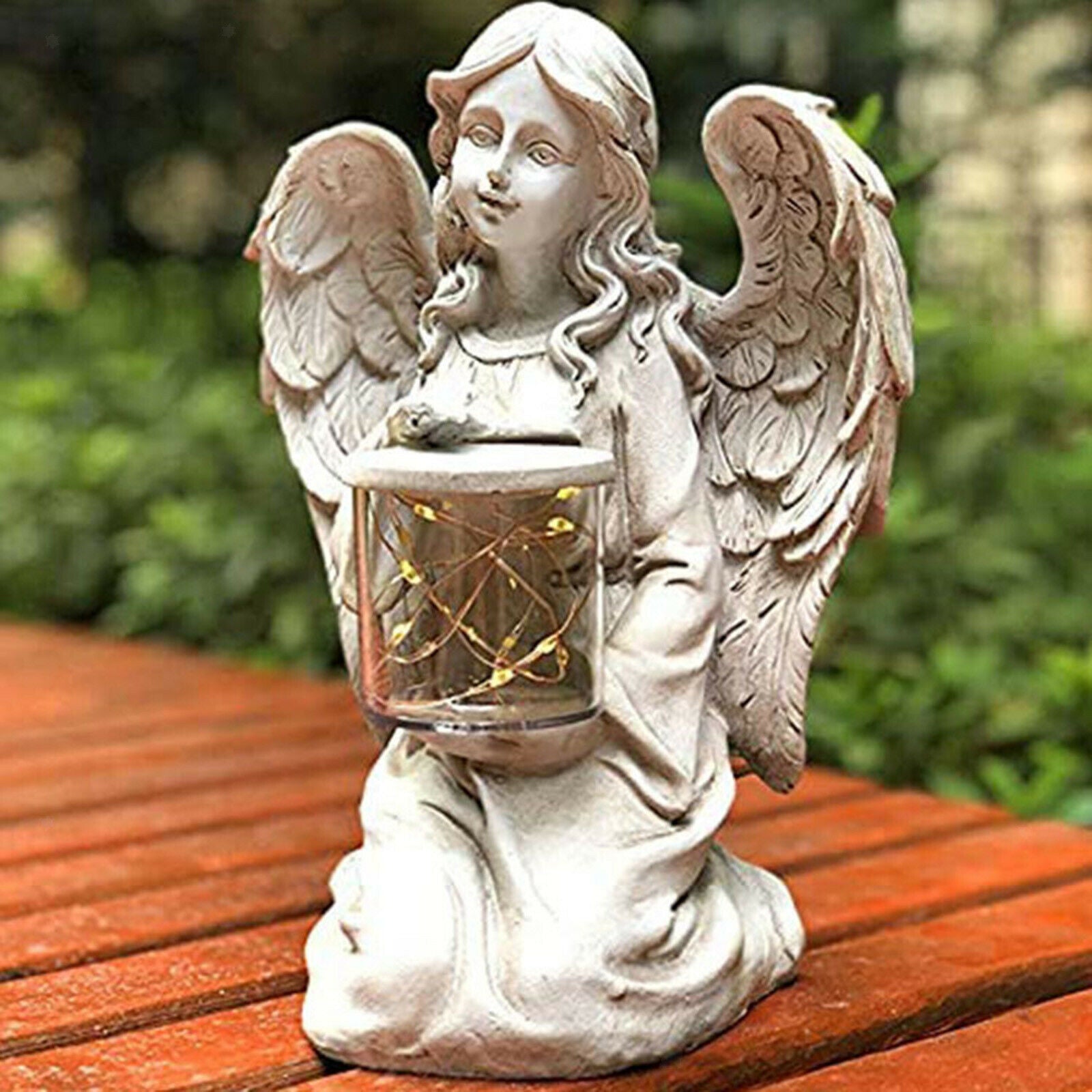 Kneeling Angel Girl Statue Home Decor Wings Angel with LED Light Sculpture