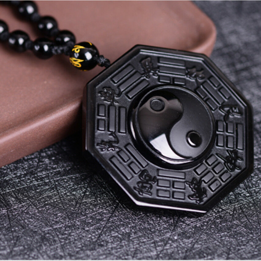 China Natural Black Obsidian Hand-Carved BaGua Lucky Amulet Pattern Pendant