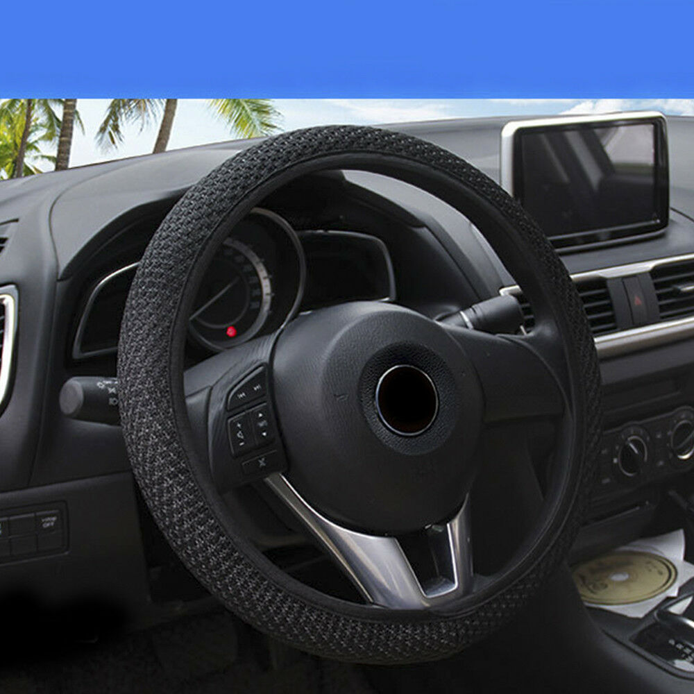 Black Skidproof Durable Car Steering Wheel Cover Microfiber Breathable 15''/38cm