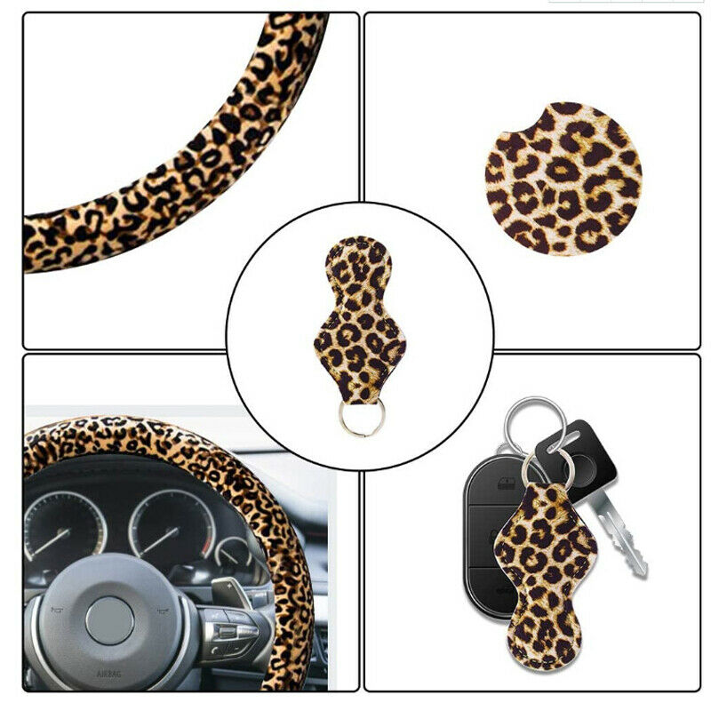 4PCS/Set Leopard Print Auto Car Steering Wheel Cover + keychain Cover + Coaster