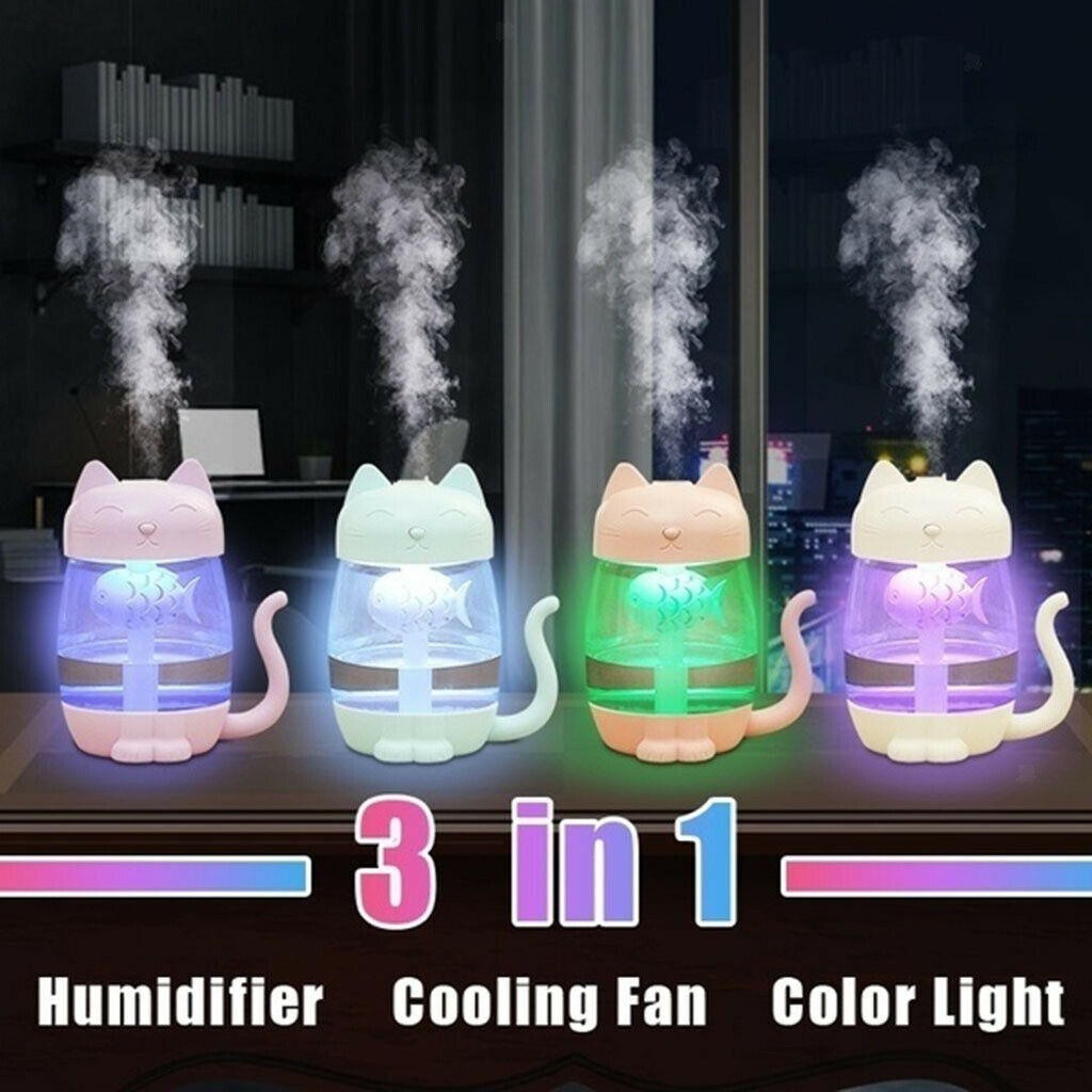 2 lot USB Cat Humidifier Fan LED Light Air Diffuser for Car Desk Purple+Blue