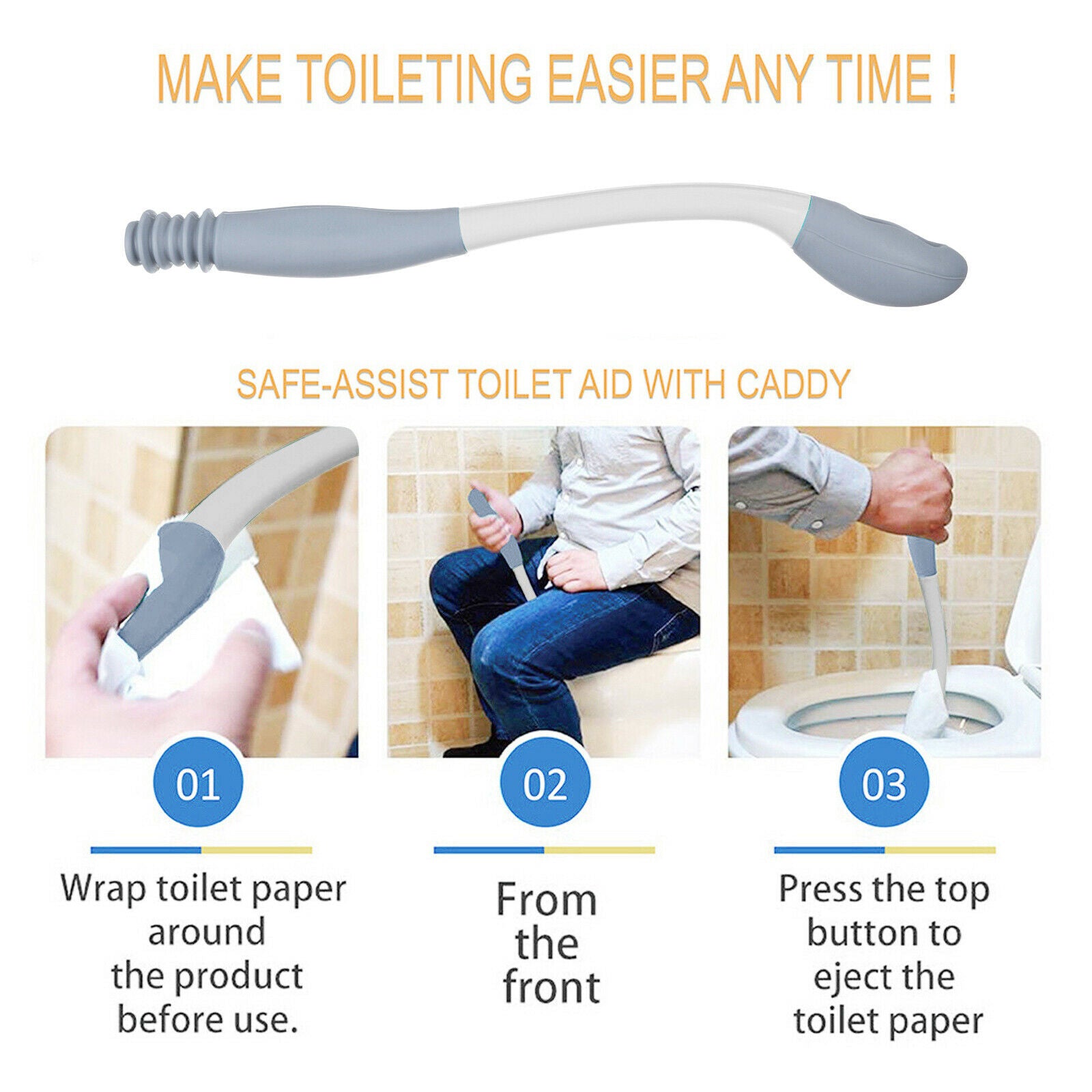 Bottom Toileting Aid Tool Handled Tissue Grip Helper Paper Holder Grey White