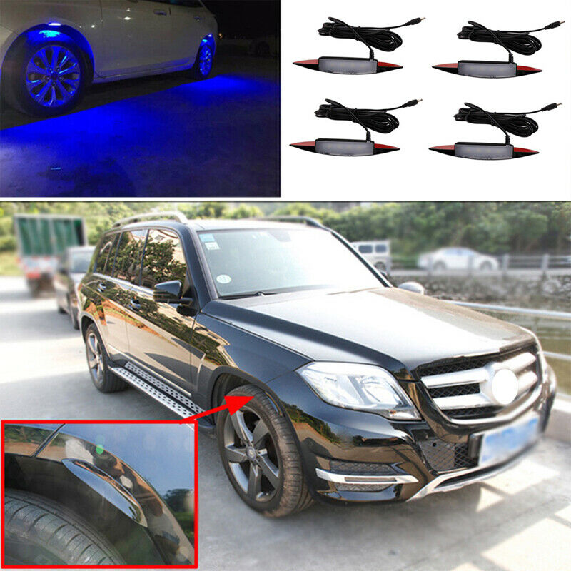 4X Blue LED Car Fender Wheel Eyebrow Lights Atmosphere Lamp 3 Modes Flash Strobe