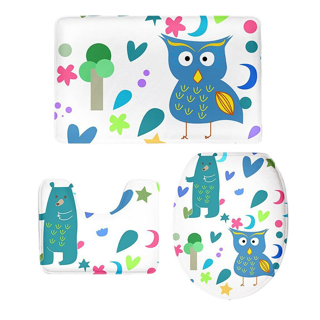 3PCS Owl Series Bathroom Toilet Covers Set Flannel Mats Bathroom Rug 5