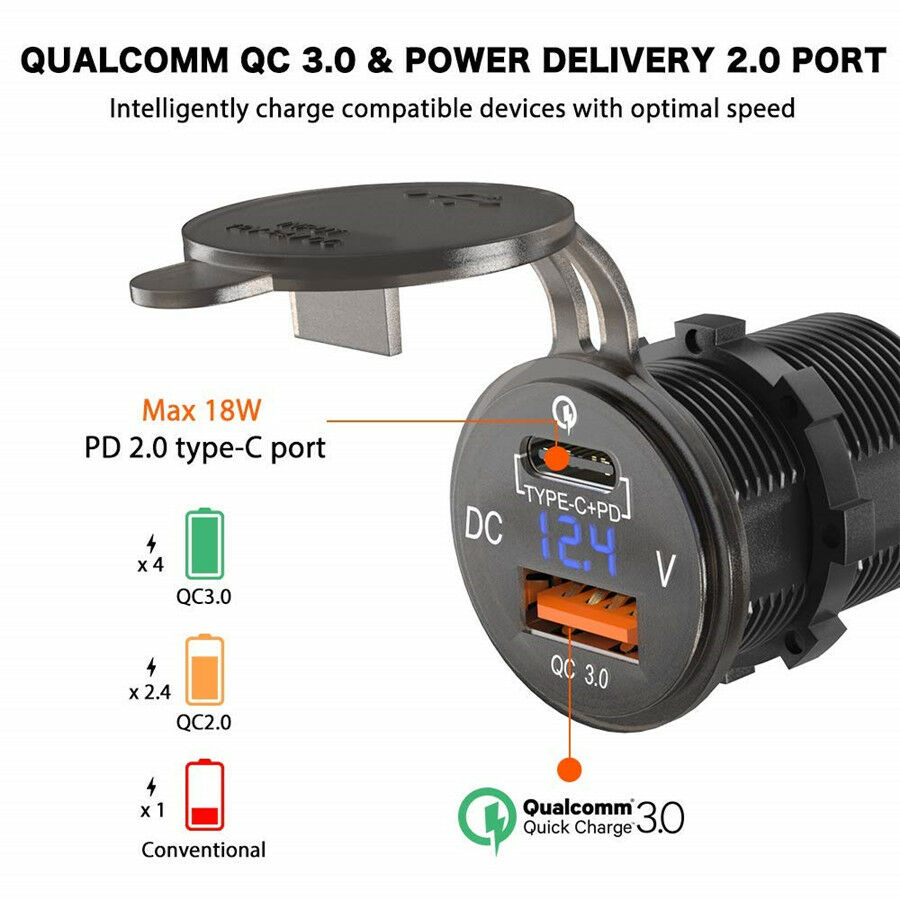 36W C Charger Socket with 5V/3A Quick Charge 3.0 Ports LED Digital Voltmeter