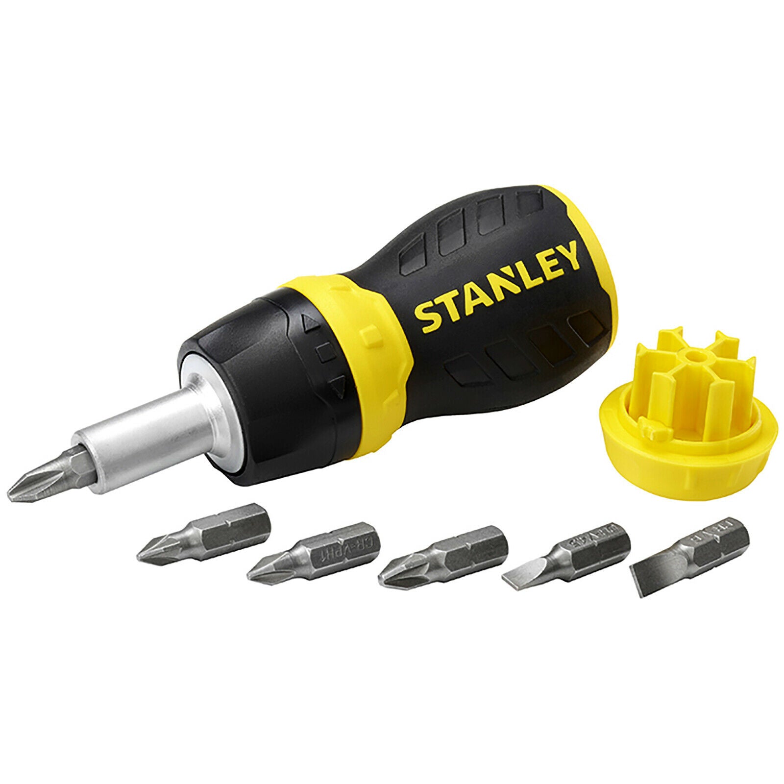 Stanley 7pc Multi Bit Ratchet Stubby Screwdriver with Driver Bits Pozi Phillips
