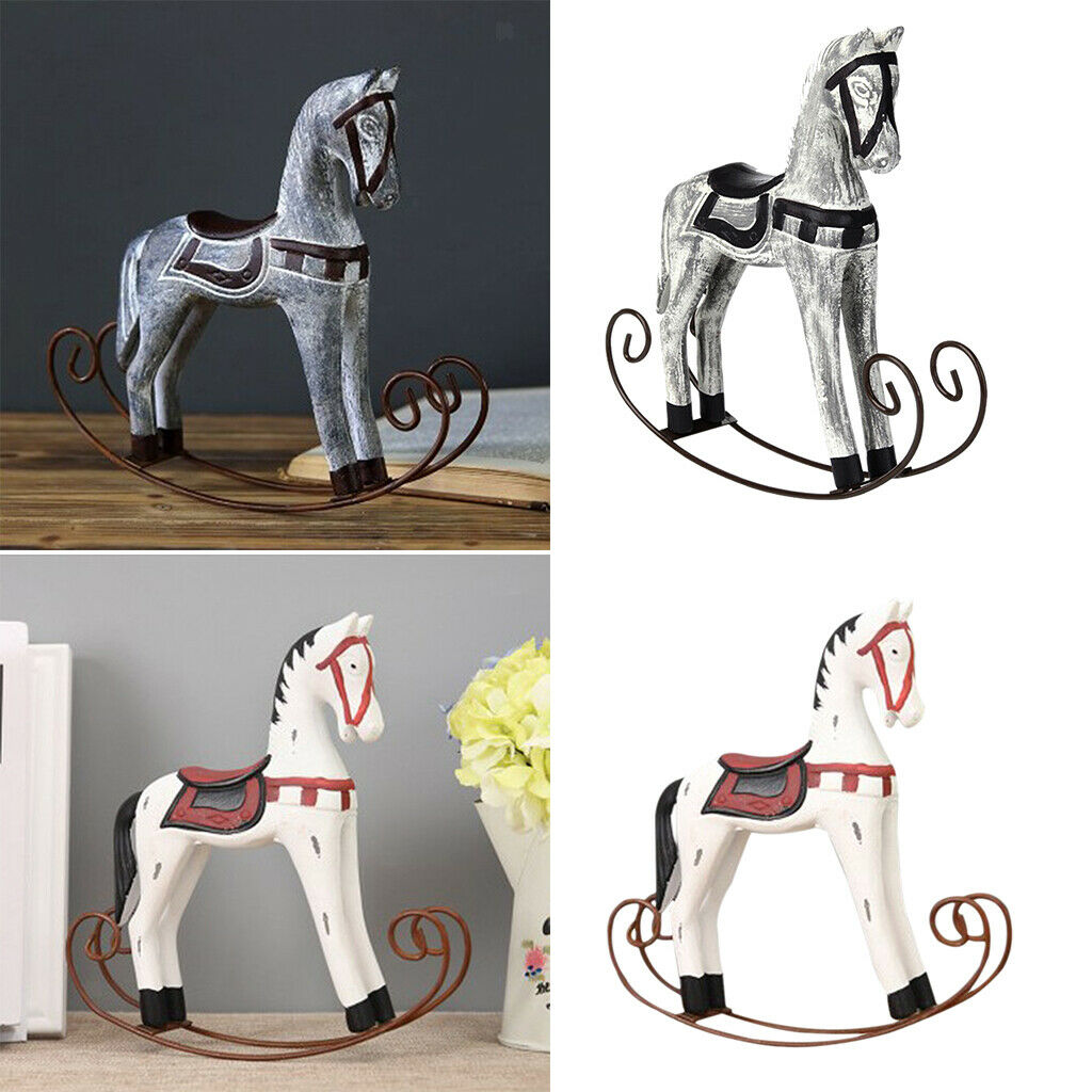 2x Nordic Wooden Rocking Horse Statue Wedding Decor Wood Horse Crafts DIY Bar