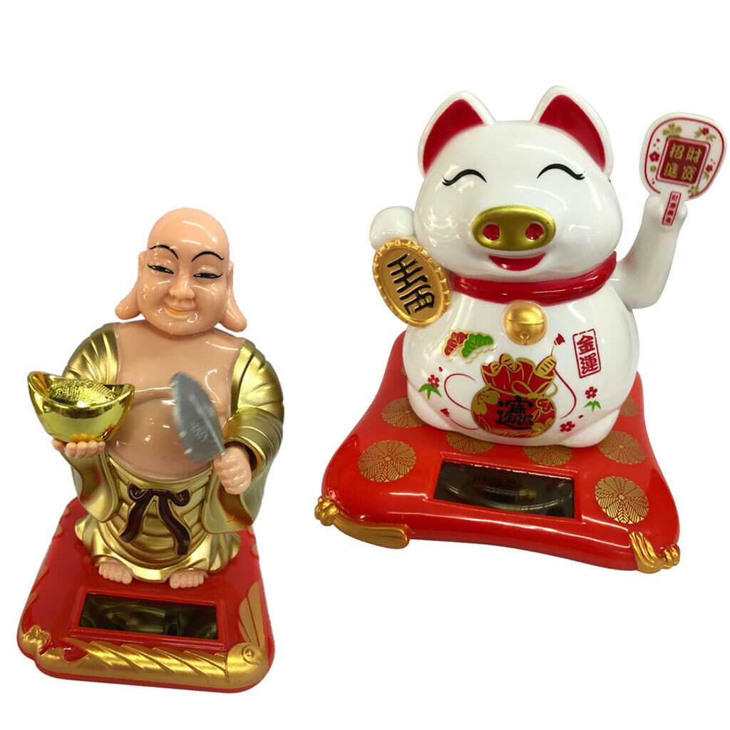 Solar Powered Lucky Pig  Buddha Statue Car Dashboard Ornaments Kids Toys