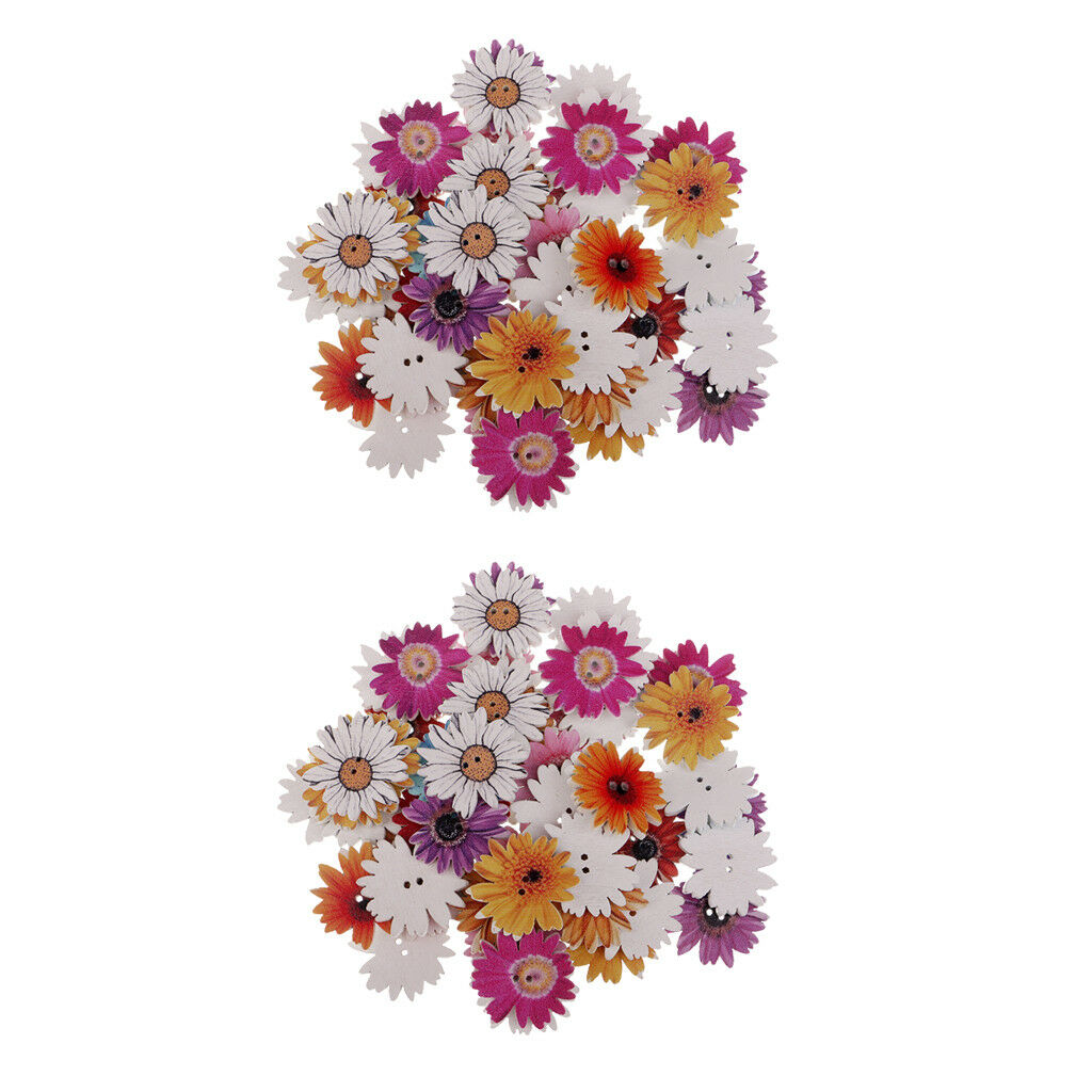 100x Mixed Daisy Flower Wooden Decorative Craft Buttons for Decoration 25mm
