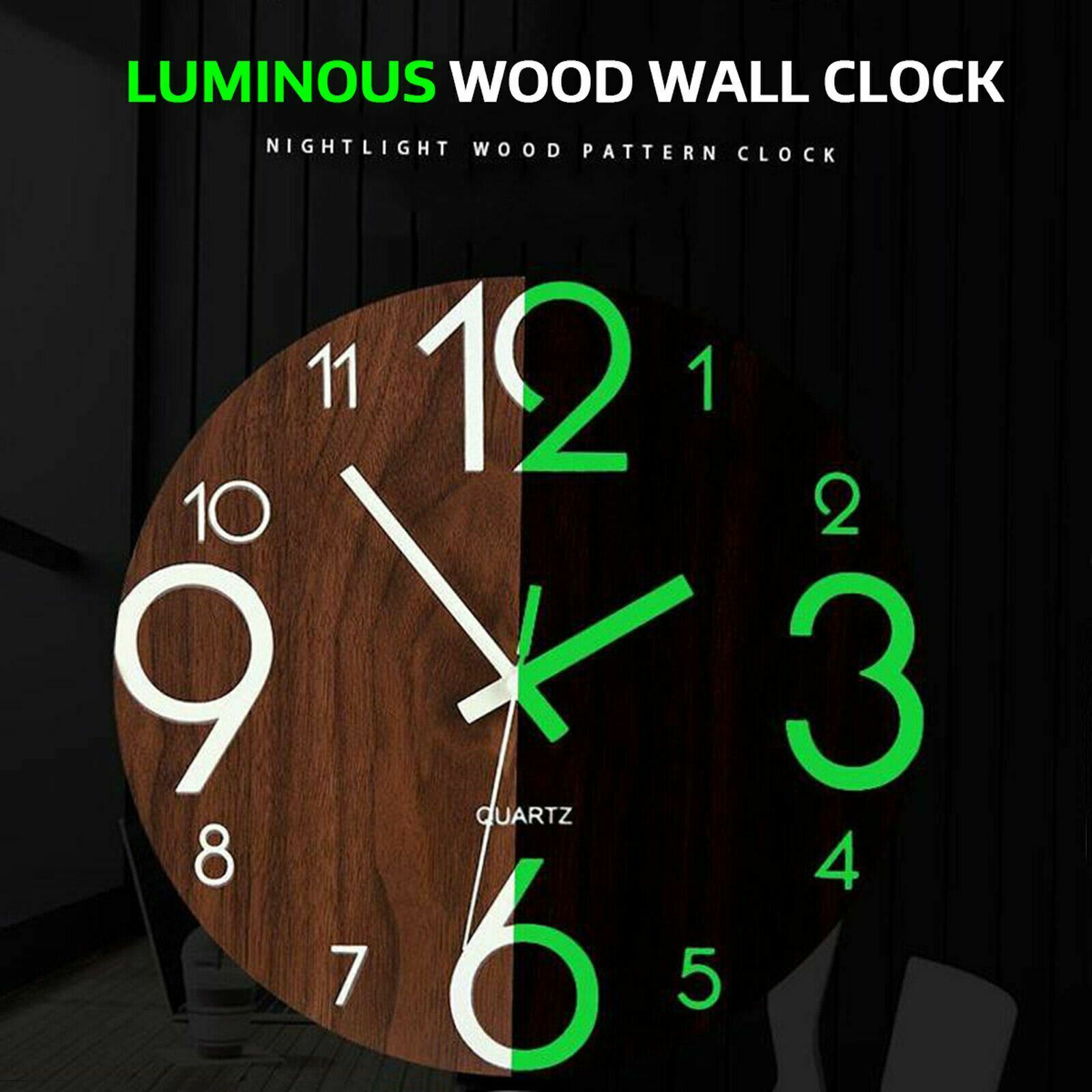 12" Luminous Silent Non Ticking Wooden Glow In Dark Home Decor Quartz Wall Clock