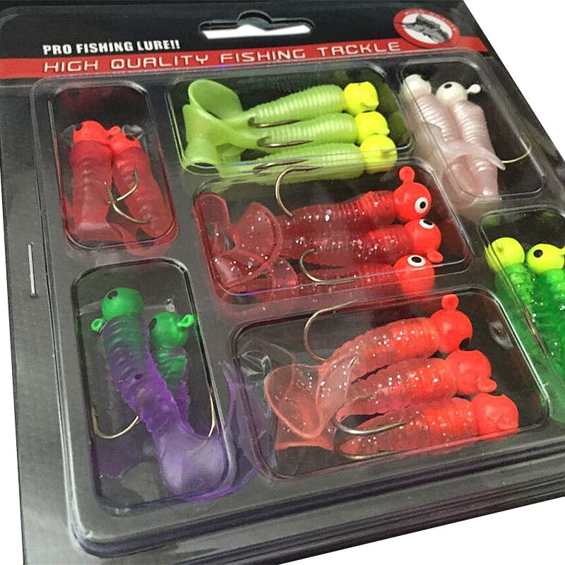 Fishing Lures Set Jig Lead Head Hooks Soft Worm Grub Single Tail Bait Lovely
