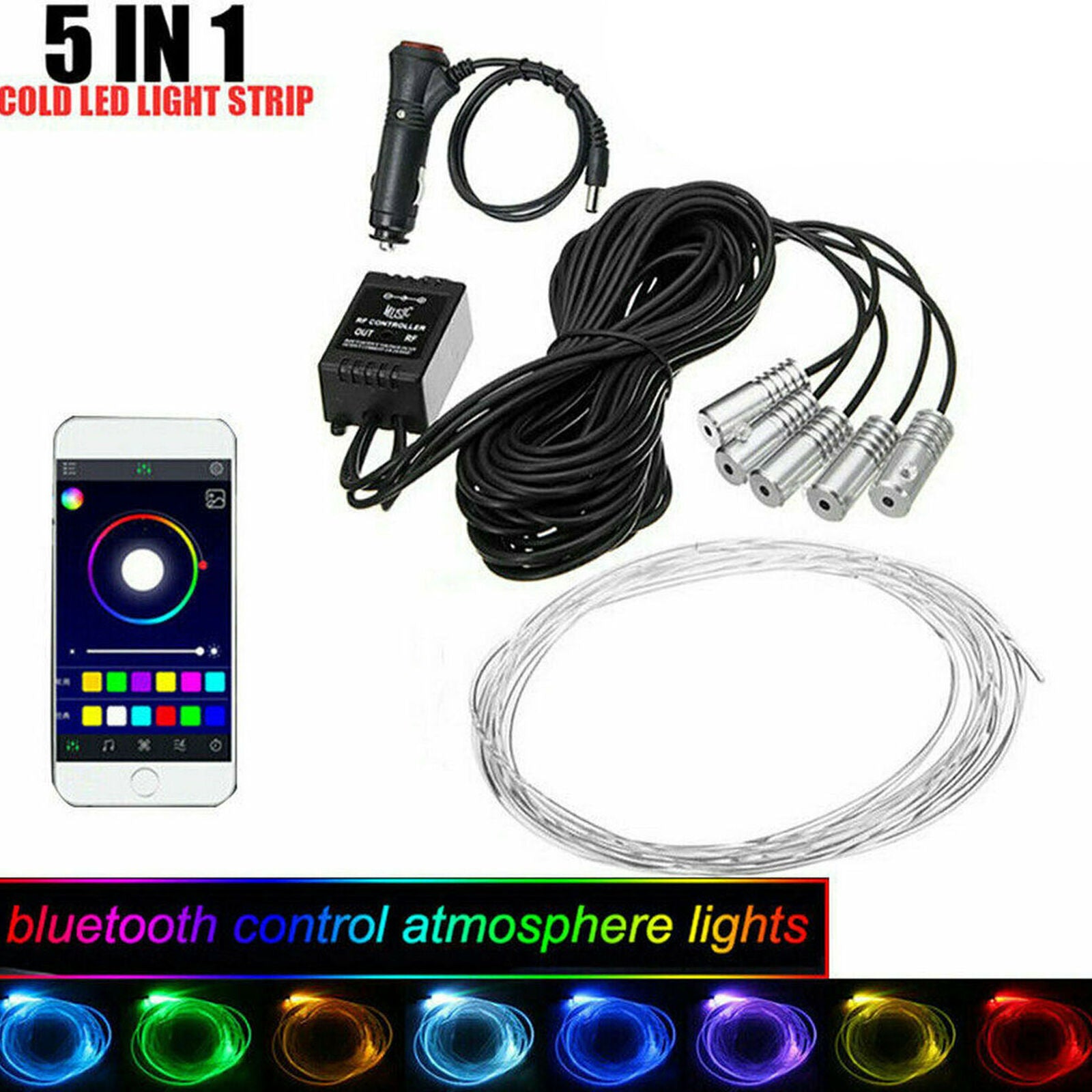 6M RGB LED Car Interior Fiber Optic Neon Wire Strip Atmosphere Light Kit APP