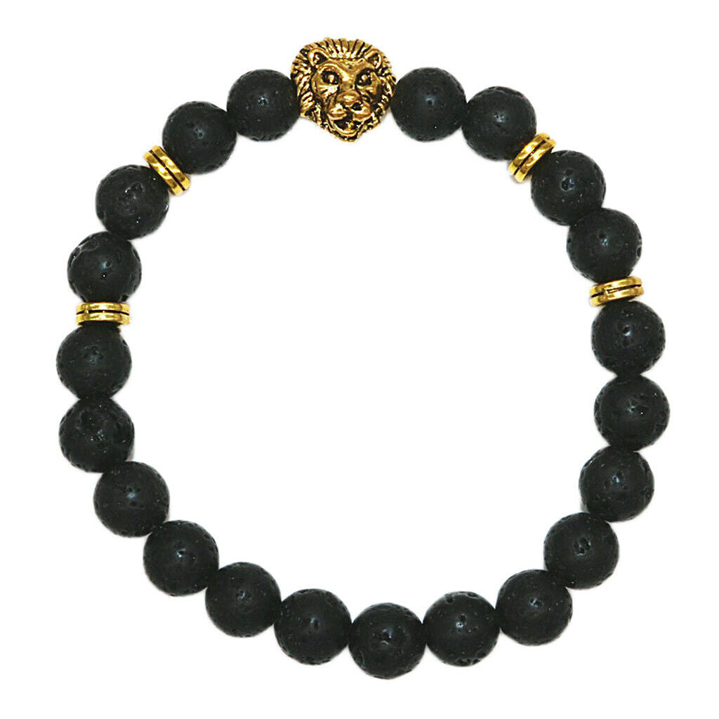 Fashion Women Men Black Lava Stone Beaded Charm Bracelet Jewelry Lion Head