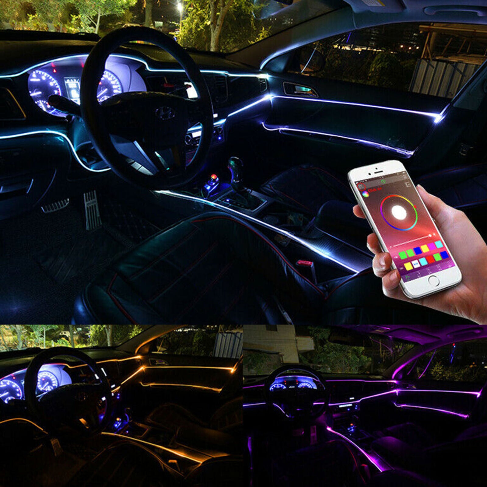 5M RGB LED Car Interior Fiber Optic Neon EL Wire Strip Light Atmosphere APP