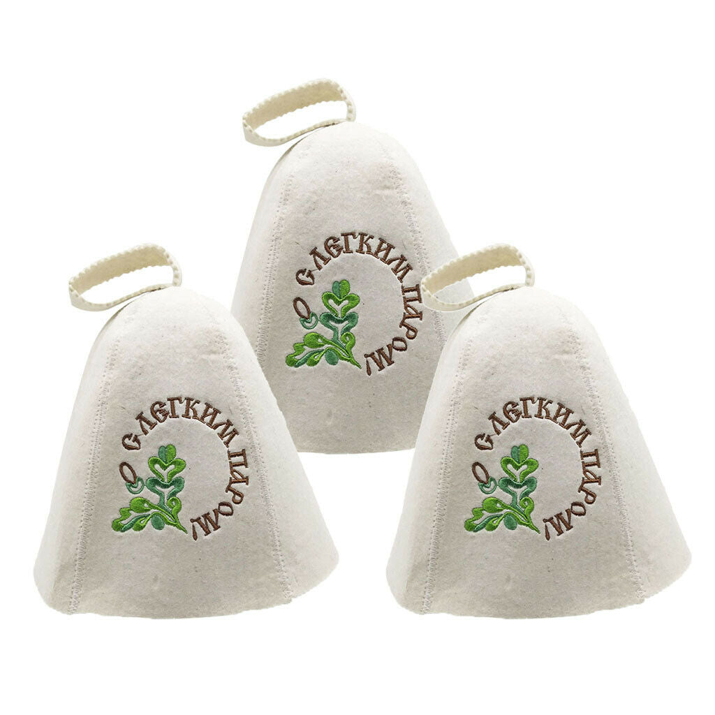 3xWool Hat for Sauna Banya Bath House Head Protection Embroidered Leaves