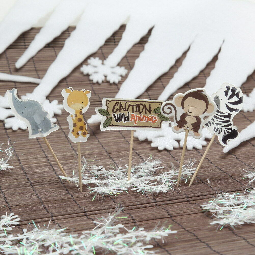 24pcs Cake Dessert Inserted Card with Zoo Animal Elephant Lion Pattern @
