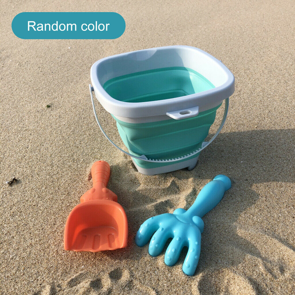 3x Summer Folding Beach Plastic Buckets Set with Rake and Shovel Sand for