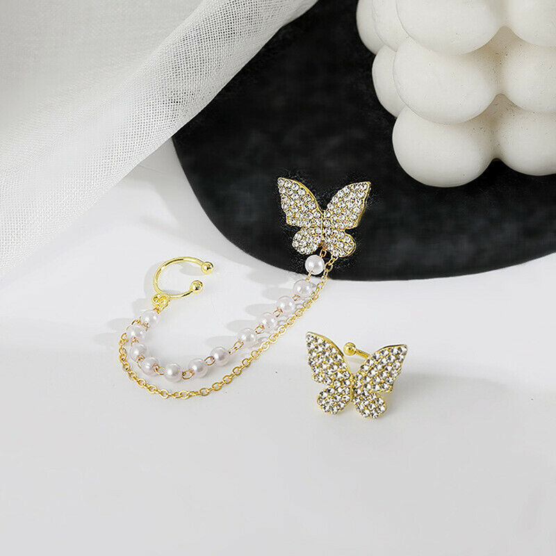 Elegant Cute Rhinestone Butterfly Stud Earrings Metal Chain Boucle Jewel.l8