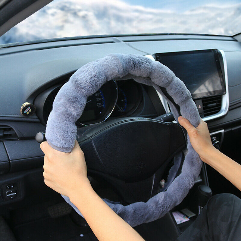 38CM Dia. Car Steering Wheel Cover Gray Winter Fur Wool Furry Fluffy Thick Warm