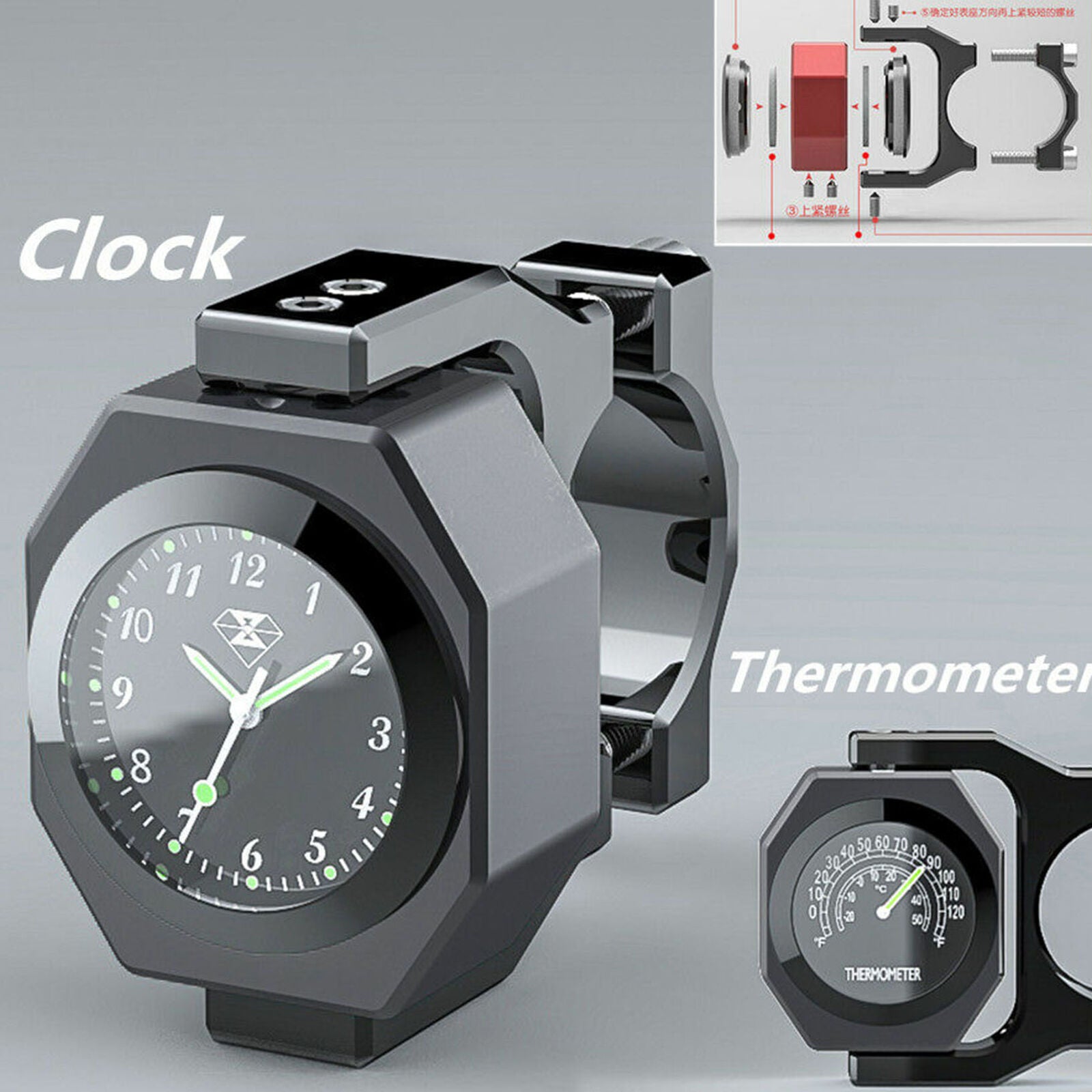 Black Aluminum Motorcycle Handlebar Watch Thermometer Time Clock Temp Night View