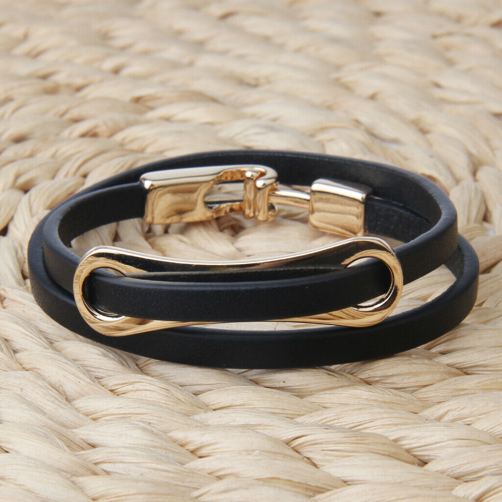 Leather Double Wrap Belt With T Buckle Bracelet Cool Wristband Cuff Black