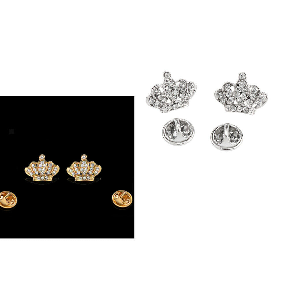 2 Pairs Luxury Crystal Royal Crown Brooch Suit Shirt Collar Pin Jewelry Gift