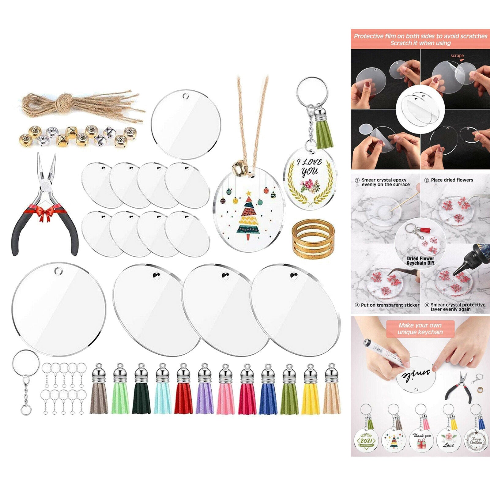 74Pc Acrylic Transparent Circle Blanks Keychain Tassels Set Including Acrylic