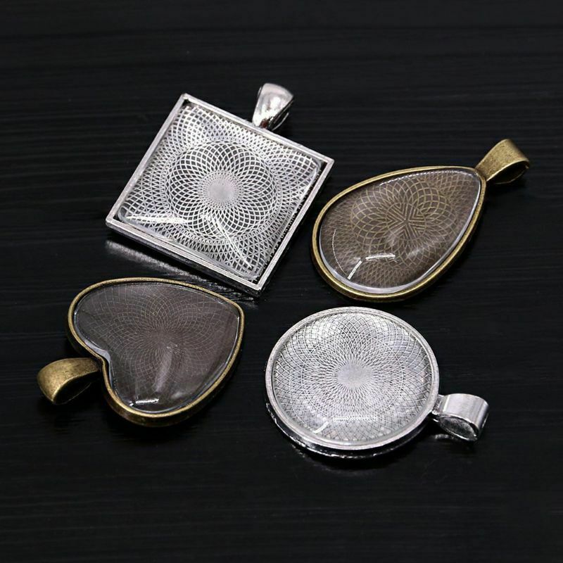 48Pcs DIY Pendant Tray Round Square Heart Teardrop Glass Cabochon Jewelry Making