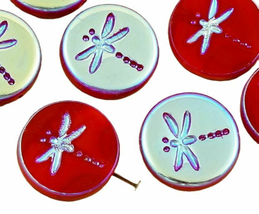 4pcs Opaque Coral Red Half Ab Dragonfly Flat Coin Round Czech Glass Beads 17mm