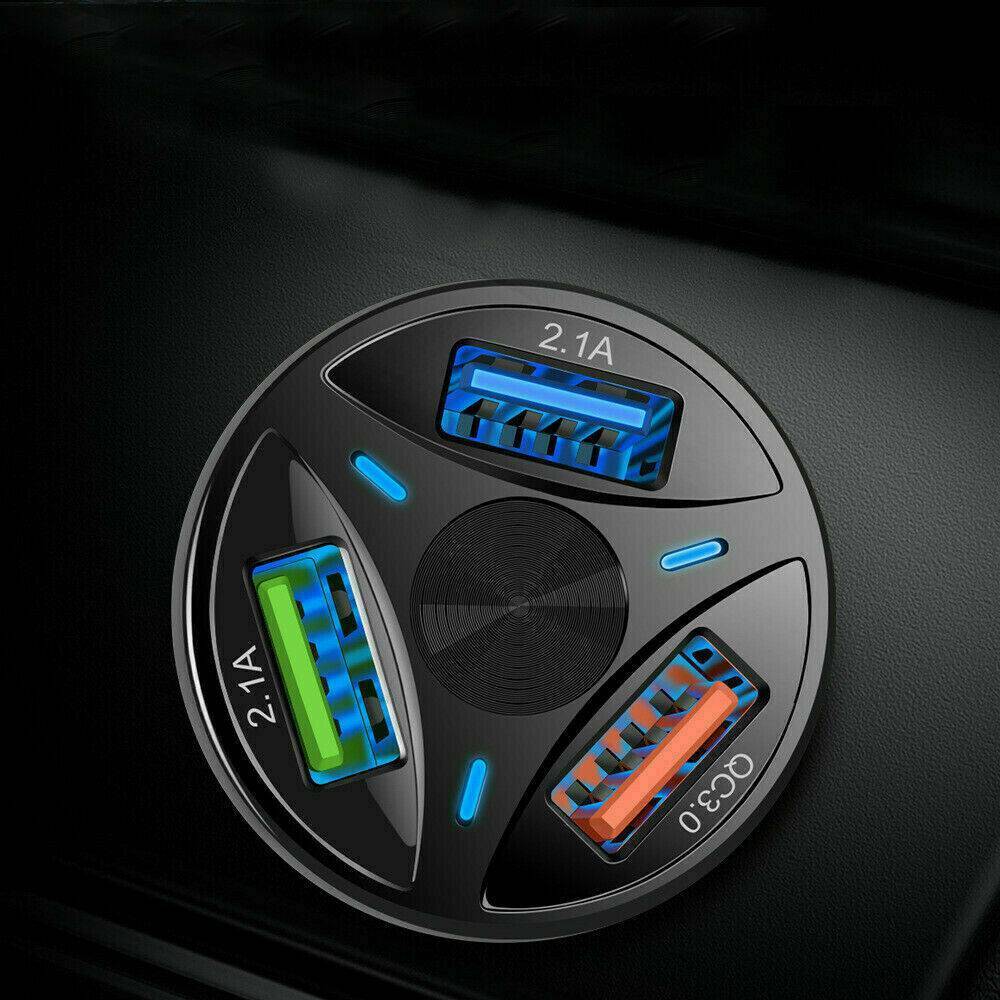 3-Port USB Car Charger Adapter LED Display Q 3.0 Fast Charging Accessories Black