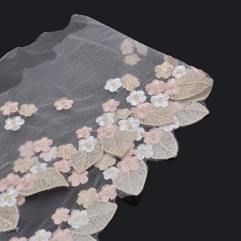 1 Yard Transparent Tulle Lace Trim White Pink Flower Embroidery Wedding Fabric