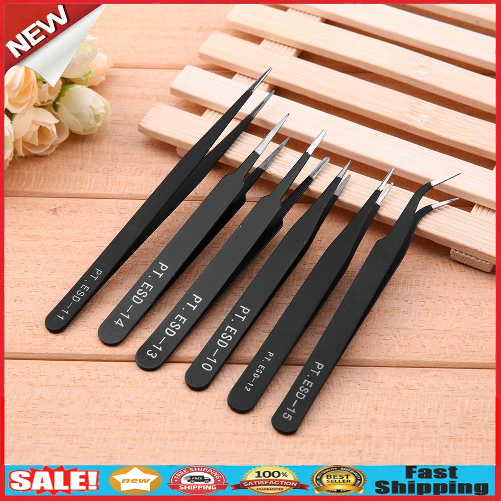 6pcs Stainless Steel Safe Anti-Static Tweezers Set Manicure Tool with Bag  @