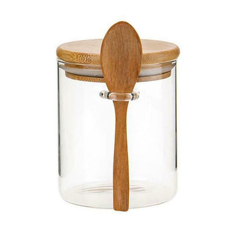 Sugar Bowl with Bamboo Lid and Spoon Clear Glass Canister Jar for Kitchen Storag