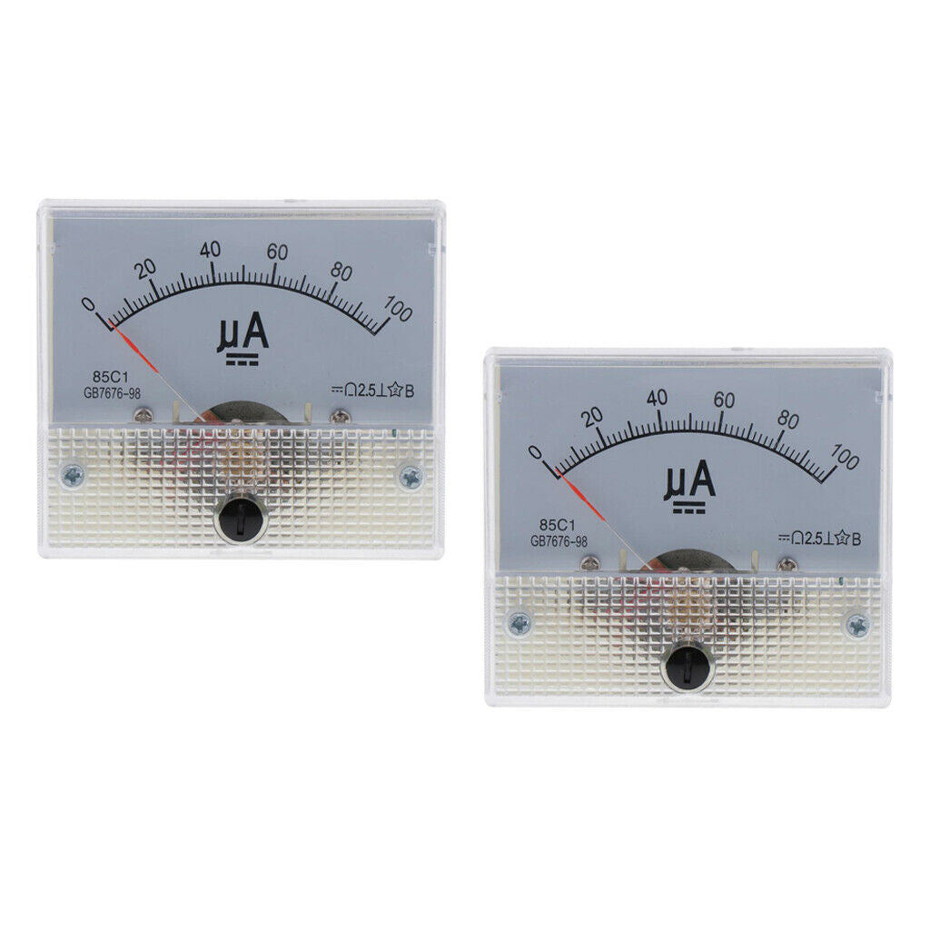 2pcs Rectangle Plastic 85C1-uA Panel Analog Ammeter Micro Amp Meter 0-100uA