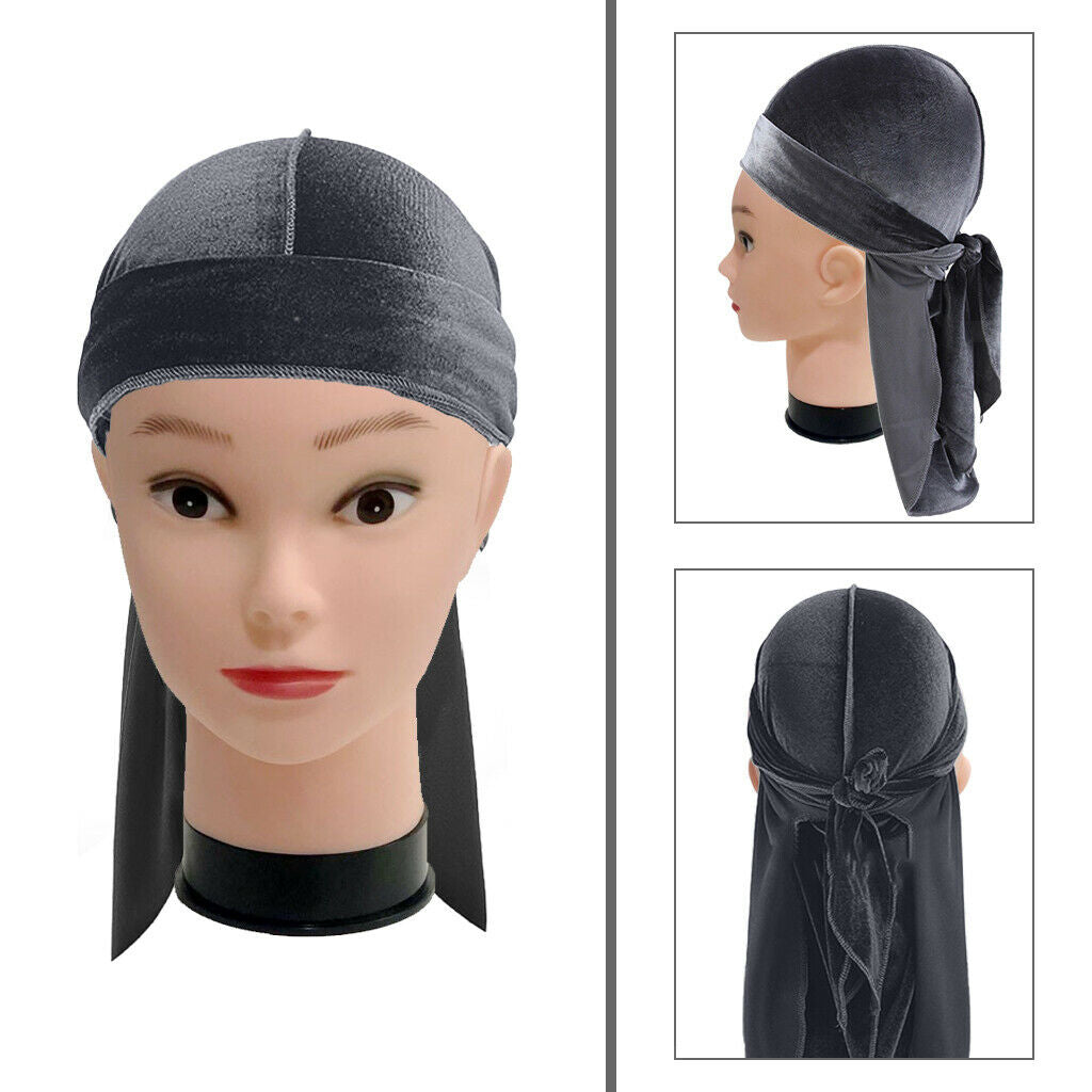 Women Mens Velvet Bandana Hat Durag Long-Tail Headwear Pirate   Gray