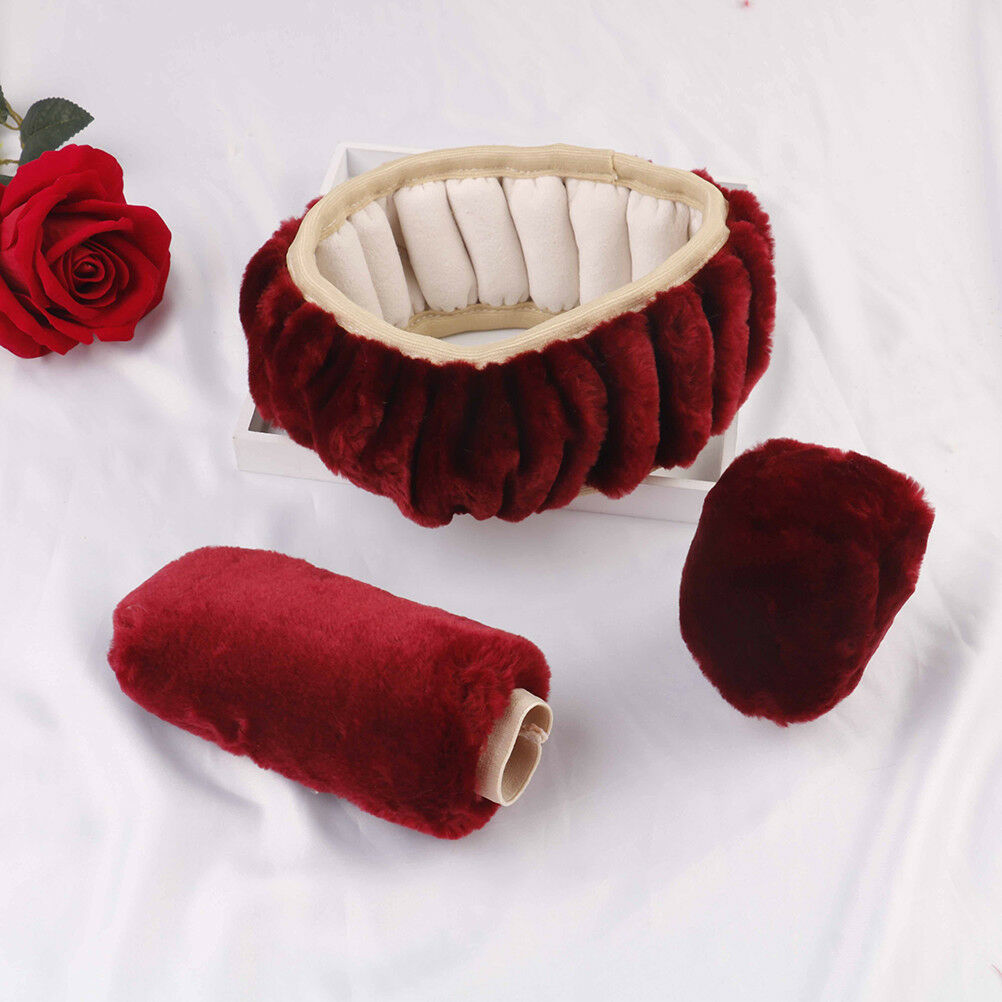 3Pcs/set Winter wine red warm plush car steering wheel cover handbrake cov Hw Qx