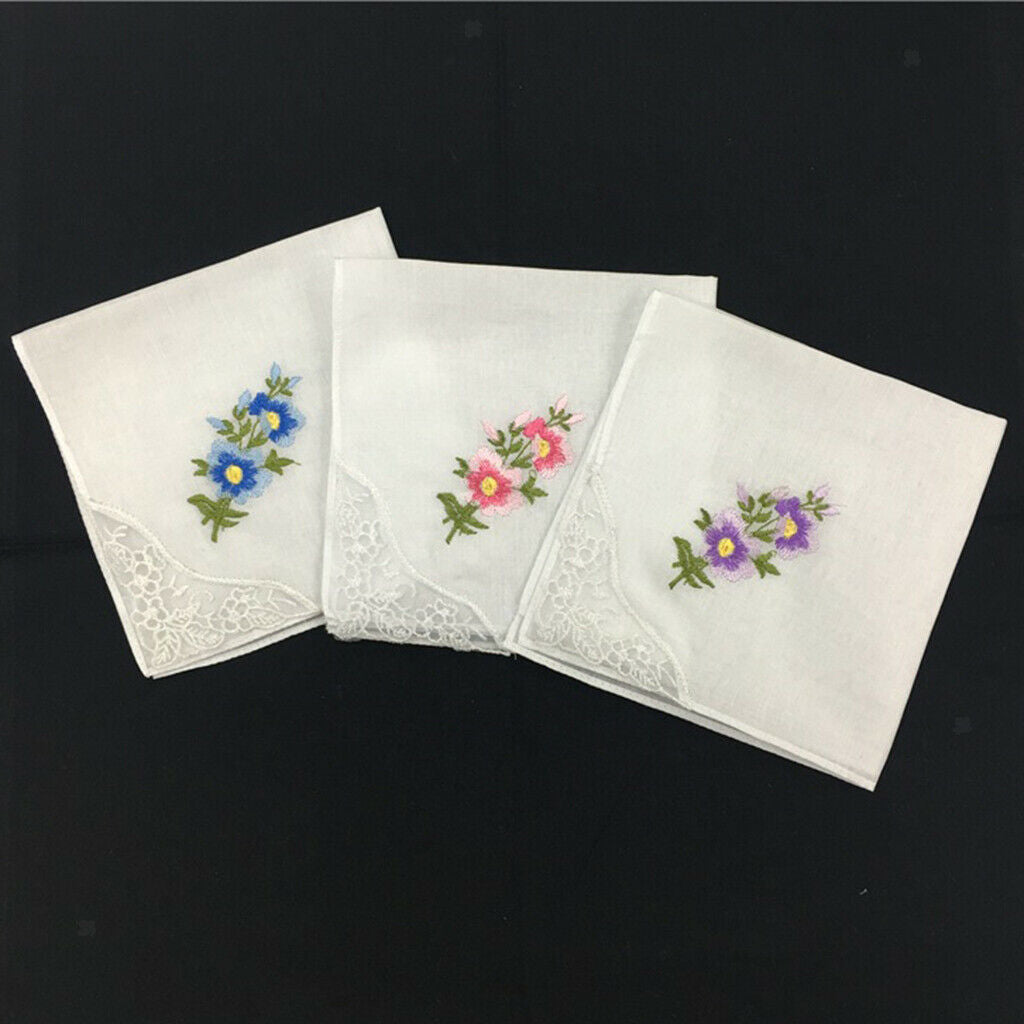 12pack Pure Cotton Embroidered Handkerchiefs Washable Floral Lace Hankie  ''
