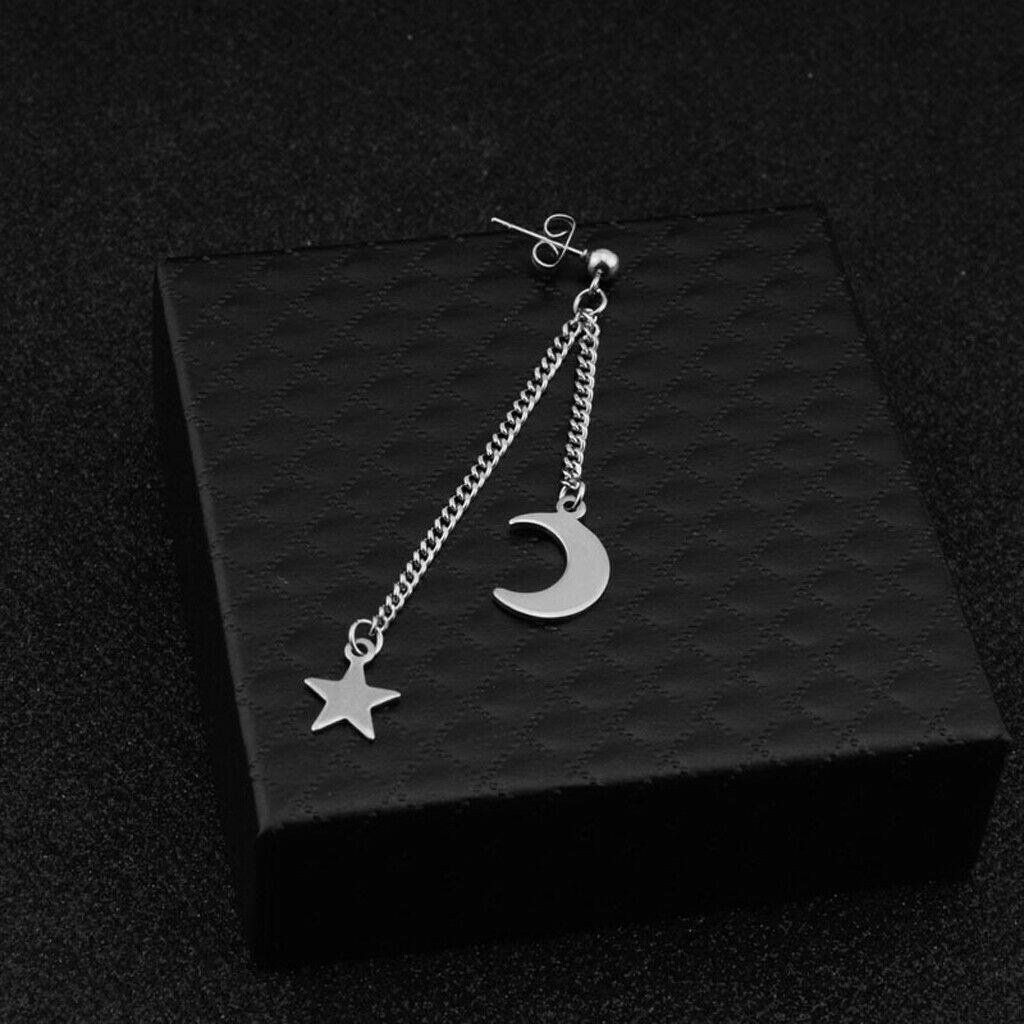 Titanium Steel Moon and Star Tassel Dangle Drop Pendant Earring Korean Jewelry