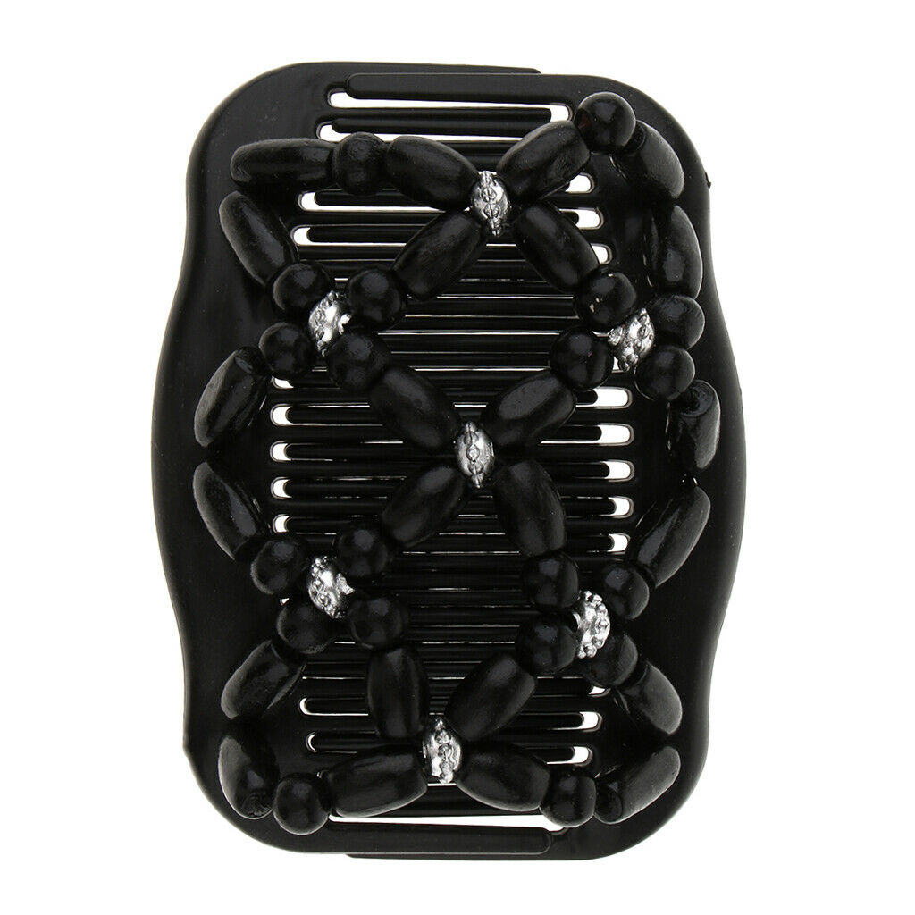 2pcs Black Double Hair Slide Comb Clip Wooden Beaded Elastic Bun Maker Party